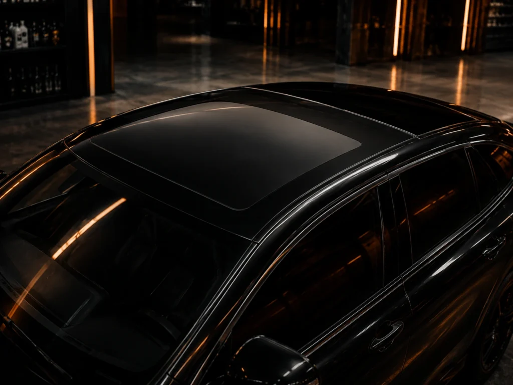 Sunroof tinting on a luxury black car with a tinted panoramic glass roof in Medley, FL